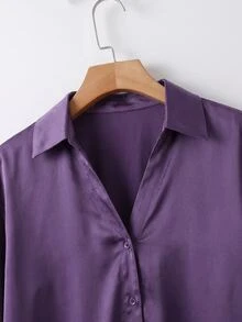 SHEIN CURVE+ Plus Size Women's Satin Blouse, Fashionable Loose Business Casual Elegant Daily, Commute Date Brunch Office Shirt, 2026 Autumn/Winter Dark Purple - Purple - View 3