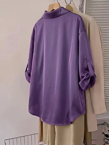 SHEIN CURVE+ Plus Size Women's Satin Blouse, Fashionable Loose Business Casual Elegant Daily, Commute Date Brunch Office Shirt, 2026 Autumn/Winter Dark Purple - Purple - View 5