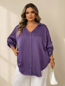 SHEIN CURVE+ Plus Size Women's Satin Blouse, Fashionable Loose Business Casual Elegant Daily, Commute Date Brunch Office Shirt, 2026 Autumn/Winter Dark Purple - Purple - View 9