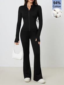 SHEIN Tall 女款瑜伽運動修身套裝，棉混紡舒適，適合秋冬/春夏，健身房戶外休閒運動風，黑色 - 黑色 - 查看 9
