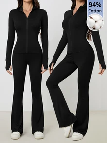 SHEIN Tall 女款瑜伽運動修身套裝，棉混紡舒適，適合秋冬/春夏，健身房戶外休閒運動風，黑色 - 黑色 - 查看 1