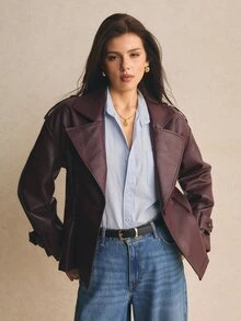 Poéselle 女款酒紅色皮革風衣短外套，大翻領設計，時尚換季外套，靜奢風，適合秋冬 - 酒紅色 - 查看 2