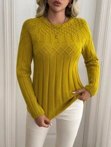 Sprig & Strand Sweater Pullover Rajut Kabel Warna Polos Wanita - Kuning - View 3