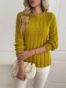 Sprig & Strand Sweater Pullover Rajut Kabel Warna Polos Wanita - Kuning - View 5