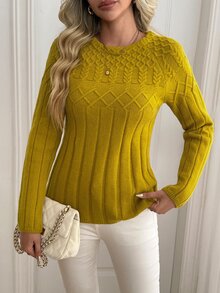 Sprig & Strand Sweater Pullover Rajut Kabel Warna Polos Wanita - Kuning - View 1