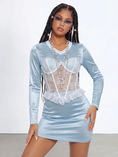 Gowayae Gowayae Women's Light Blue Satin Contrast Lace Waist Cincher V-Neck Long Sleeve + Bodycon Short Sleeve 2-Piece Set Night Out Party Aqua Blue Autumn Disco Sexy