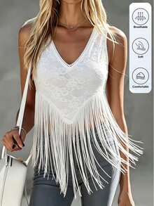 SHEIN LUNE Damen Spitzen-Quasten-Sommer-Elegantes-Sexy-Urlaubs-Tanktop-Party-Urlaub-Weiß-Blumen - Weiss - Übersicht 1