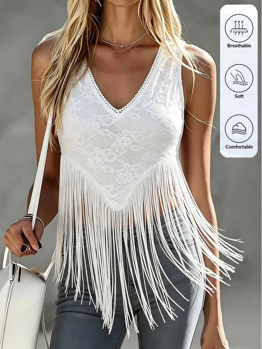 SHEIN LUNE Damen Spitzen-Quasten-Sommer-Elegantes-Sexy-Urlaubs-Tanktop-Party-Urlaub-Weiß-Blumen - Weiss - Übersicht 1