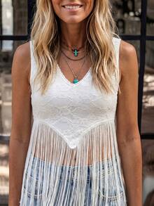 SHEIN LUNE Damen Spitzen-Quasten-Sommer-Elegantes-Sexy-Urlaubs-Tanktop-Party-Urlaub-Weiß-Blumen - Weiss - Übersicht 4
