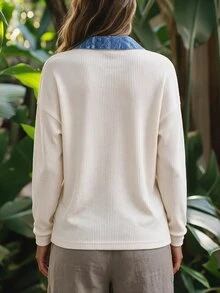 Holdful Holdful Women White And Blue Stripe Ribbed Knit Top Denim Pattern Collar Placket Patchwork Long Sleeve Loose Shirt Travel Autumn Retro Boho Casual Vacation - Multicolor - View 2