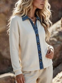 Holdful Holdful Women White And Blue Stripe Ribbed Knit Top Denim Pattern Collar Placket Patchwork Long Sleeve Loose Shirt Travel Autumn Retro Boho Casual Vacation - Multicolor - View 6