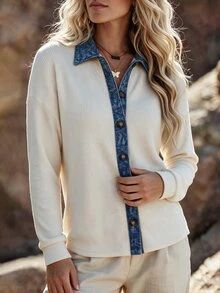 Holdful Holdful Women White And Blue Stripe Ribbed Knit Top Denim Pattern Collar Placket Patchwork Long Sleeve Loose Shirt Travel Autumn Retro Boho Casual Vacation - Multicolor - View 7