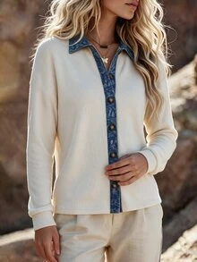 Holdful Holdful Women White And Blue Stripe Ribbed Knit Top Denim Pattern Collar Placket Patchwork Long Sleeve Loose Shirt Travel Autumn Retro Boho Casual Vacation - Multicolor - View 5
