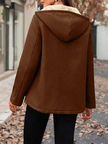 Yalmera Women's Solid Color Thermal-Lined Hoodie With Pockets, Regular Fit Casual Everyday Jacket, Autumn/Winter - Brown - View 2