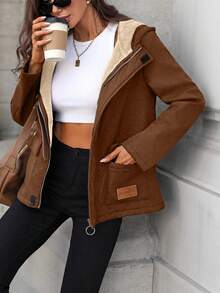 Yalmera Women's Solid Color Thermal-Lined Hoodie With Pockets, Regular Fit Casual Everyday Jacket, Autumn/Winter - Brown - View 7