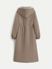 EMERY ROSE Women's Winter Long Sleeve Drawstring Waist Hooded Thermal Lined Long Casual Parka Coat - Khaki - View 2