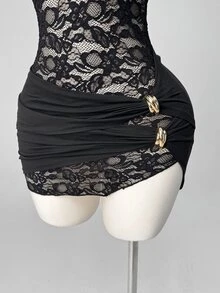 SaltGleam SaltGleam Women's Elegant Semi-Sheer Lace Bodycon Dress - Black - View 6