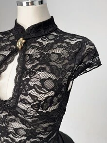 SaltGleam SaltGleam Women's Elegant Semi-Sheer Lace Bodycon Dress - Black - View 5