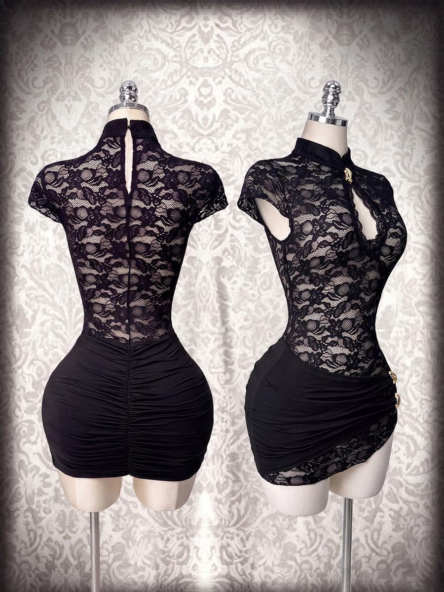 SaltGleam SaltGleam Women's Elegant Semi-Sheer Lace Bodycon Dress - Black - View 1