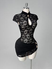 SaltGleam SaltGleam Women's Elegant Semi-Sheer Lace Bodycon Dress - Black - View 4