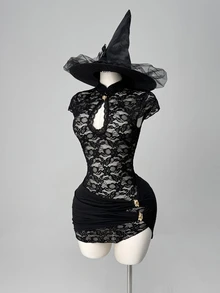 SaltGleam SaltGleam Women's Elegant Semi-Sheer Lace Bodycon Dress - Black - View 3