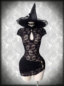 SaltGleam SaltGleam Women's Elegant Semi-Sheer Lace Bodycon Dress - Black - View 8