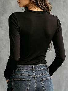 LUMIGAL Women's Autumn Fashion Sheer Mesh Patchwork T-Shirt - Black - View 2