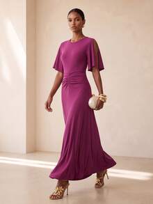 Vesra Gaun Panjang Elegan Wanita Warna Polos, Leher Bulat, Lengan Pendek Berkerut, dan Berlipit - Hot Pink - View 5