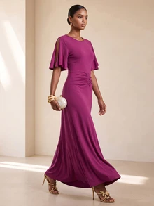 Vesra Gaun Panjang Elegan Wanita Warna Polos, Leher Bulat, Lengan Pendek Berkerut, dan Berlipit - Hot Pink - View 6