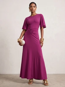 Vesra Gaun Panjang Elegan Wanita Warna Polos, Leher Bulat, Lengan Pendek Berkerut, dan Berlipit - Hot Pink - View 4