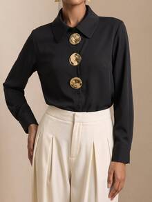 Vesra Women's Black Metal Buckle Long Sleeve Casual Shirt - Black - View 1