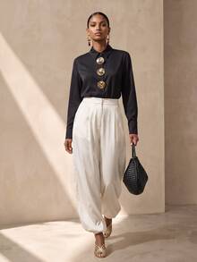 Vesra Women's Black Metal Buckle Long Sleeve Casual Shirt - Black - View 4