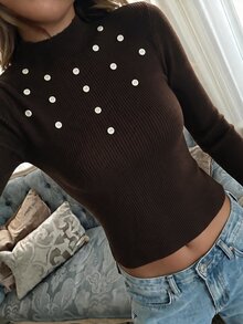 Selianne Sweater Wanita American Vintage dengan Dekorasi Kancing Serbaguna - Coffee Brown - View 5