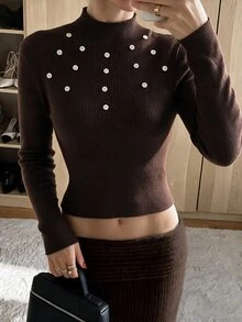 Selianne Sweater Wanita American Vintage dengan Dekorasi Kancing Serbaguna - Coffee Brown - View 8