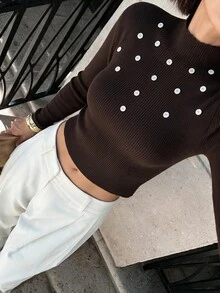 Selianne Sweater Wanita American Vintage dengan Dekorasi Kancing Serbaguna - Coffee Brown - View 3