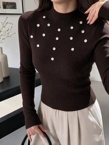 Selianne Sweater Wanita American Vintage dengan Dekorasi Kancing Serbaguna - Coffee Brown - View 7