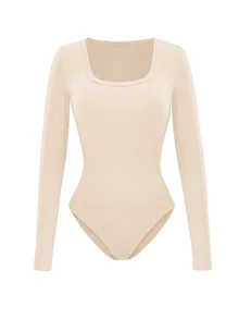 SHEIN Women's Casual Solid Color Ribbed Square Neck Long Sleeve Bodysuit - Beige - View 6