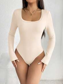 SHEIN Women's Casual Solid Color Ribbed Square Neck Long Sleeve Bodysuit - Beige - View 7