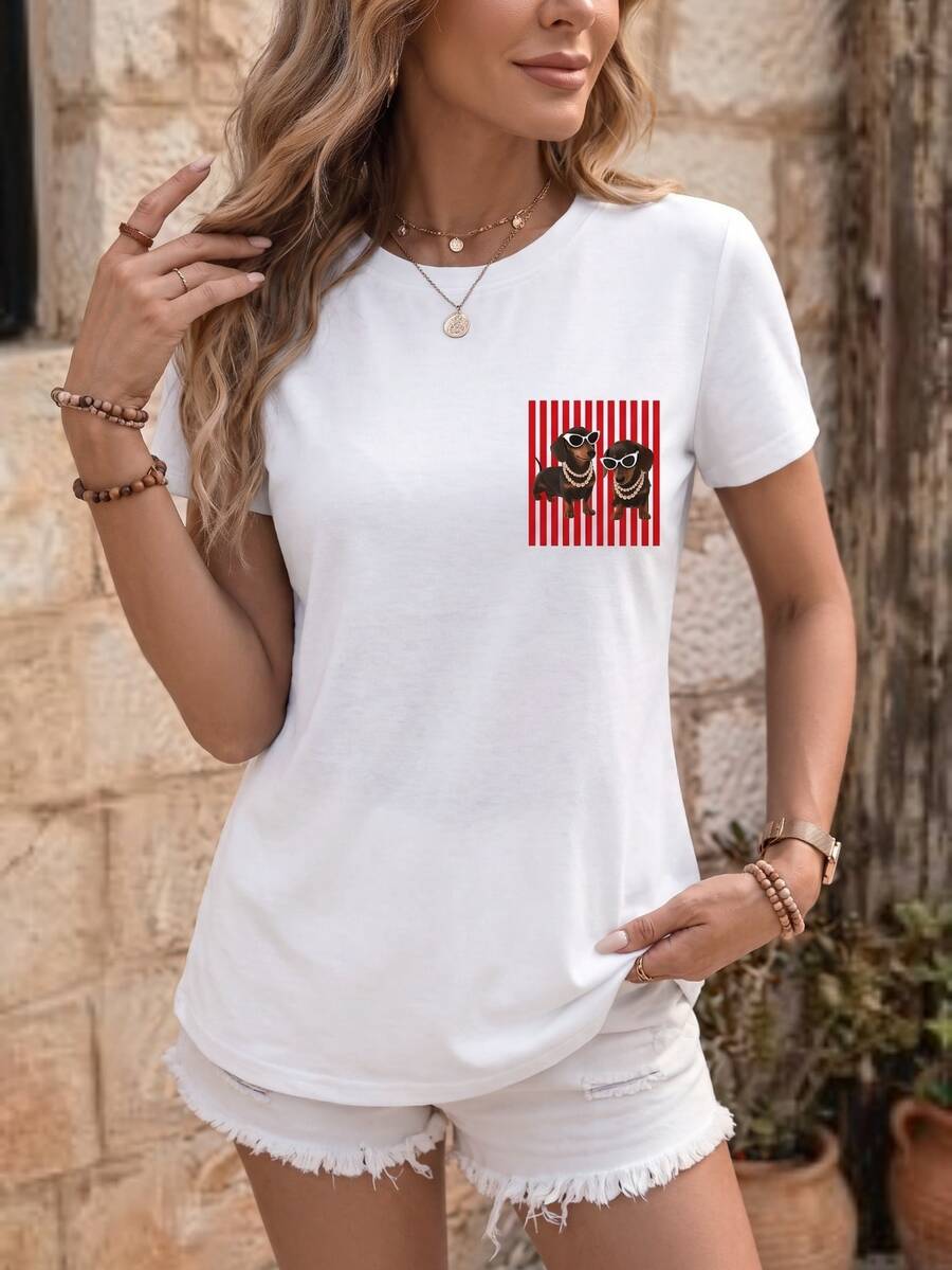 EMERY ROSE Women's Dog Print Round Neck Short Sleeve T-Shirt - White - View 1