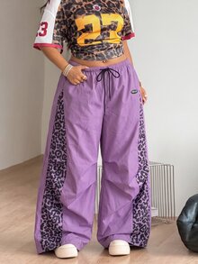 Coolane 女款男款大尺碼秋冬街頭風外出健身Y2K休閒豹紋拼接彈性腰寬腿紫色長褲萬聖節 - 紫色 - 查看 4