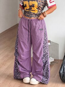 Coolane 女款男款大尺碼秋冬街頭風外出健身Y2K休閒豹紋拼接彈性腰寬腿紫色長褲萬聖節 - 紫色 - 查看 3