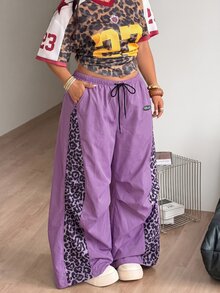 Coolane 女款男款大尺碼秋冬街頭風外出健身Y2K休閒豹紋拼接彈性腰寬腿紫色長褲萬聖節 - 紫色 - 查看 7
