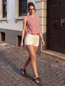SHEIN PariChic Women's Fashion Casual Small Checkered Print Waist Cutout Tie Design Sleeveless Loose Mesh Short Tank Top - Red - View 6