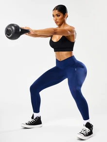 SHEIN Sports 无缝高腰海军蓝紧身裤，适合健身时穿着，具有提拉和四向弹力的健身紧身裤，瑜伽女裤 - 藏蓝色 - 查看 7