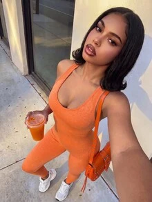 SHEIN Core Rhythm Solid Color Sleeveless Fitted Athletic Jumpsuit - Yellow - View 5