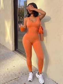 SHEIN Core Rhythm Solid Color Sleeveless Fitted Athletic Jumpsuit - Yellow - View 3