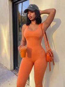 SHEIN Core Rhythm Solid Color Sleeveless Fitted Athletic Jumpsuit - Yellow - View 4