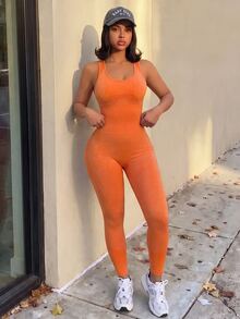 SHEIN Core Rhythm Solid Color Sleeveless Fitted Athletic Jumpsuit - Yellow - View 6