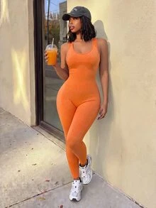SHEIN Core Rhythm Solid Color Sleeveless Fitted Athletic Jumpsuit - Yellow - View 2