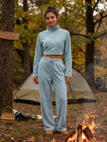 Exploreva Women's Solid Color Zip-Up Cropped Sweatshirt And Pants Outdoor Set - Blue - View 3